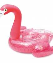 Roze glitter flamingo opblaasbare ride on luchtbed 138 x 140 x 98 cm speelgoed